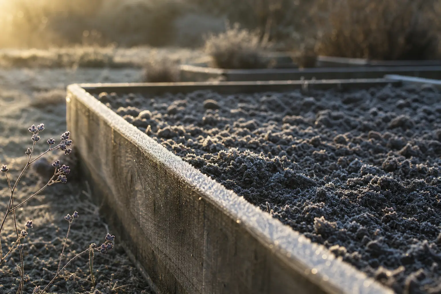 Frost on a bare vegetable bed at first light