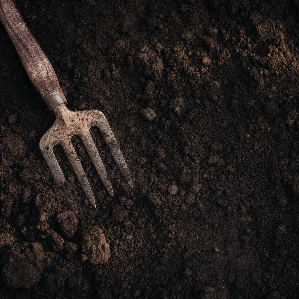 Dark worked soil with a hand fork resting in it