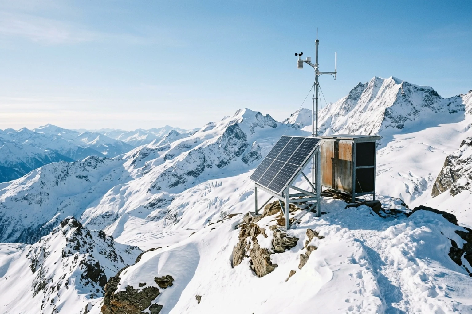 High-altitude automated snowpack acoustic telemetry station perched on a rugged alpine ridge overlooking glaciated peaks at sub-zero dawn