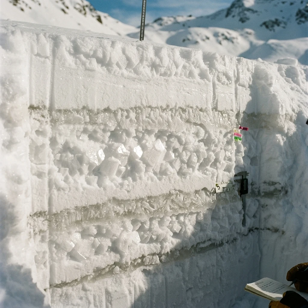 Cross-section of dense stratified alpine snowpack revealing hoarfrost crystal layers and depth hoar