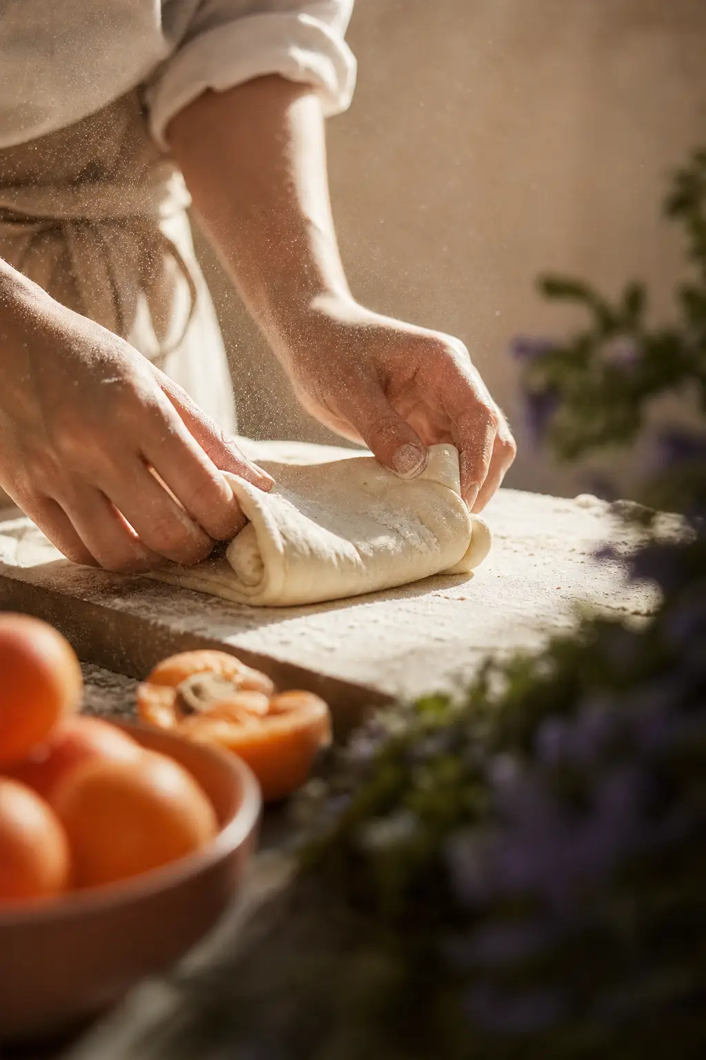 Hands folding dough on a floured board