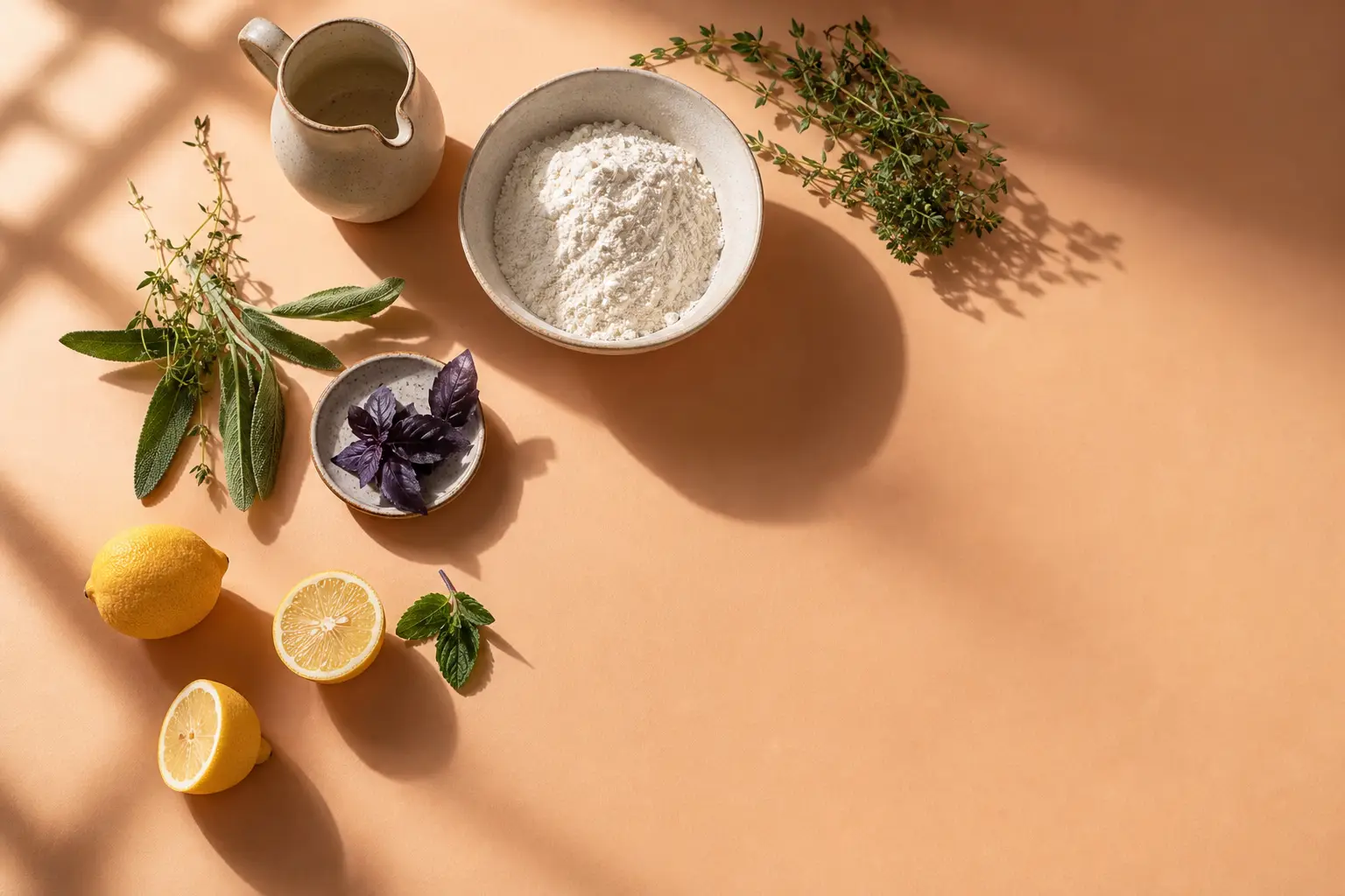 Ingredients laid out on an apricot surface