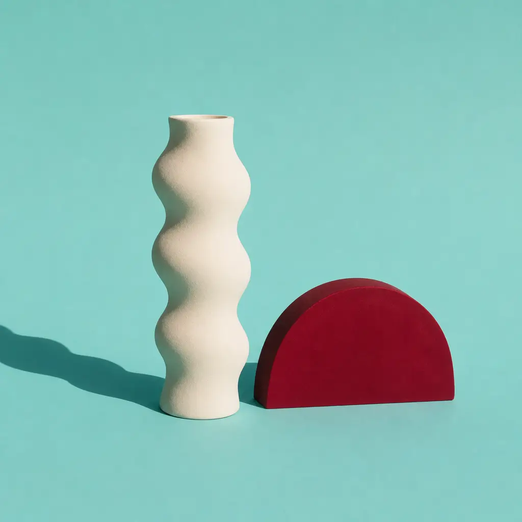 Two objects arranged on aqua with hard shadows
