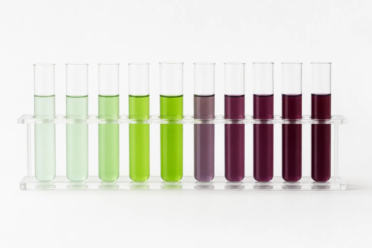 A row of test tubes stepping from mint to deep plum