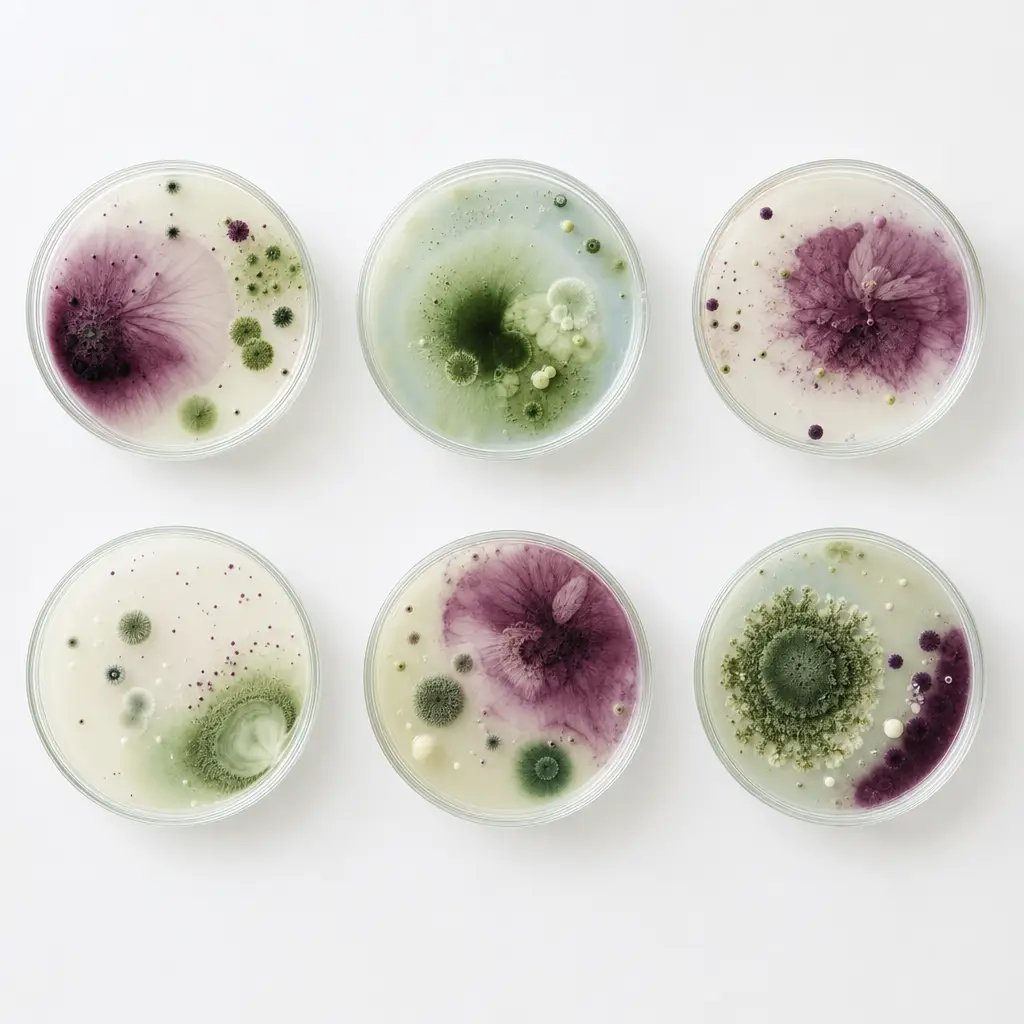 Petri dishes with soft green and plum cultures arranged in a grid