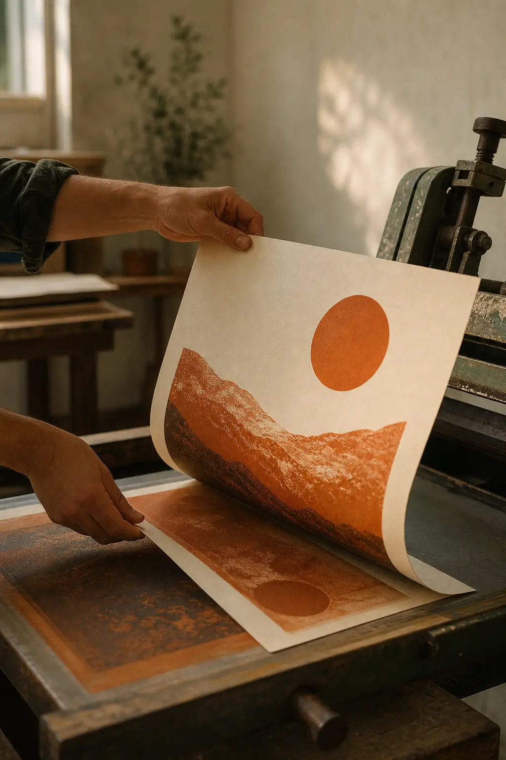 A hand lifting a freshly printed terracotta and cream sheet away from a press