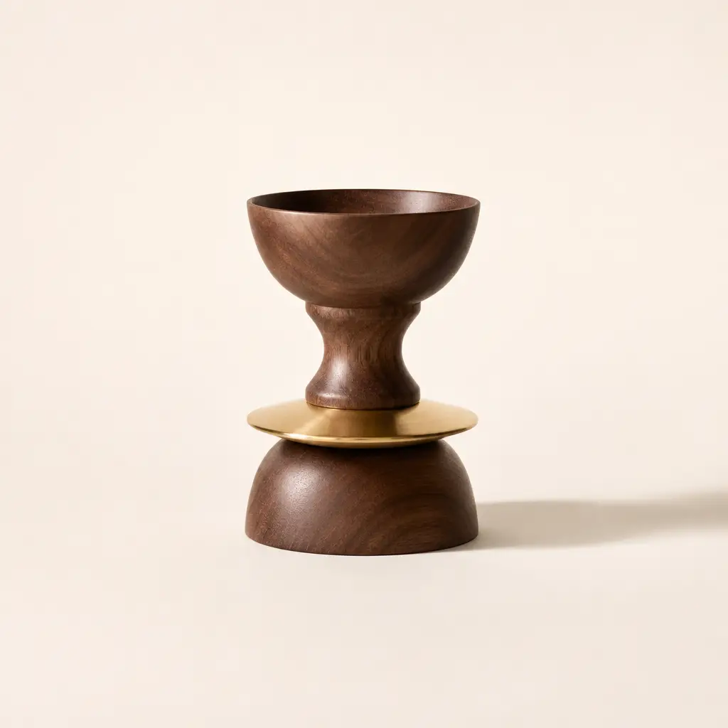 A brass and walnut object photographed against warm white