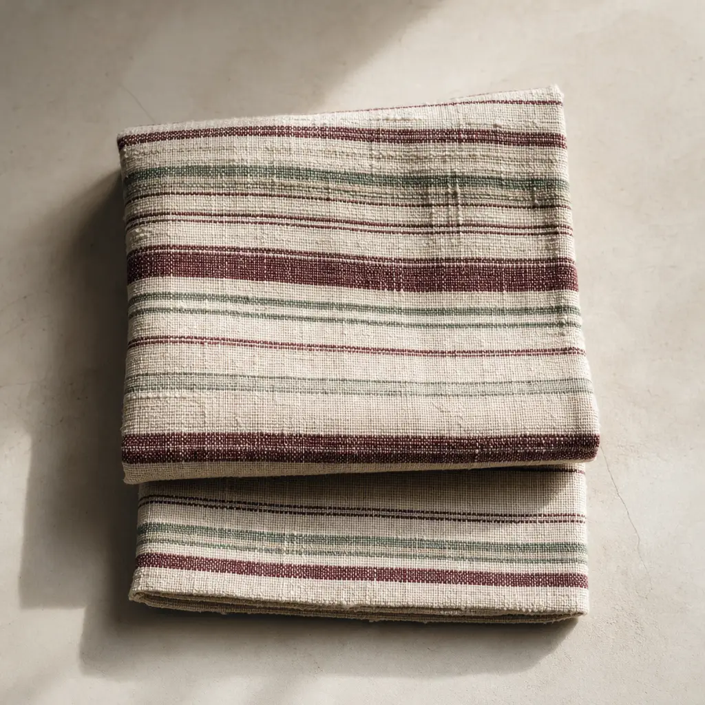 A folded woven textile with a fine sage and bordeaux stripe