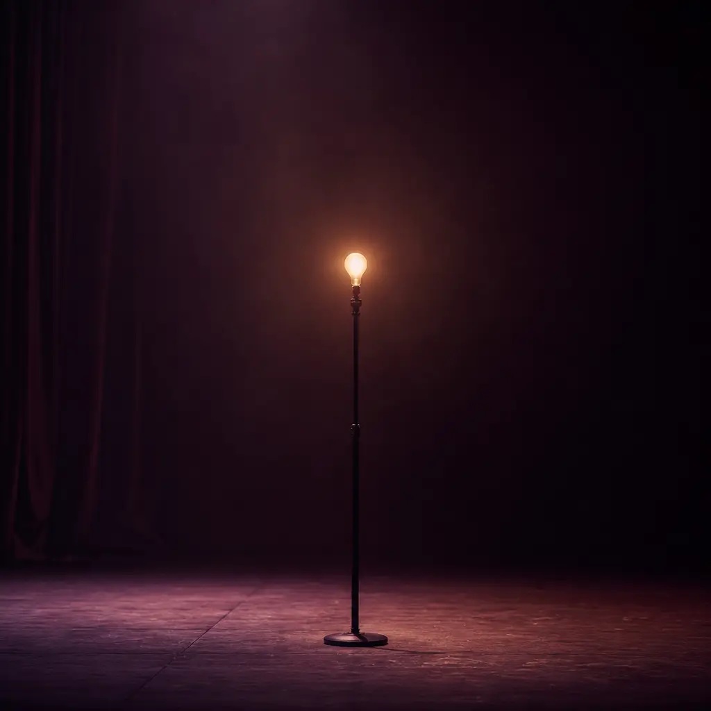 A single ghost light standing on a bare stage