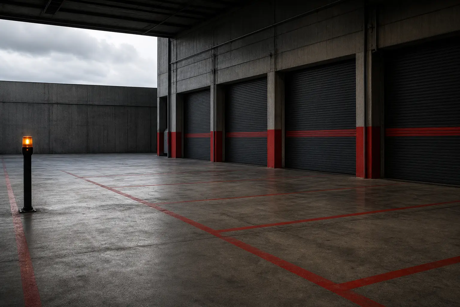An empty loading depot with numbered bay lines