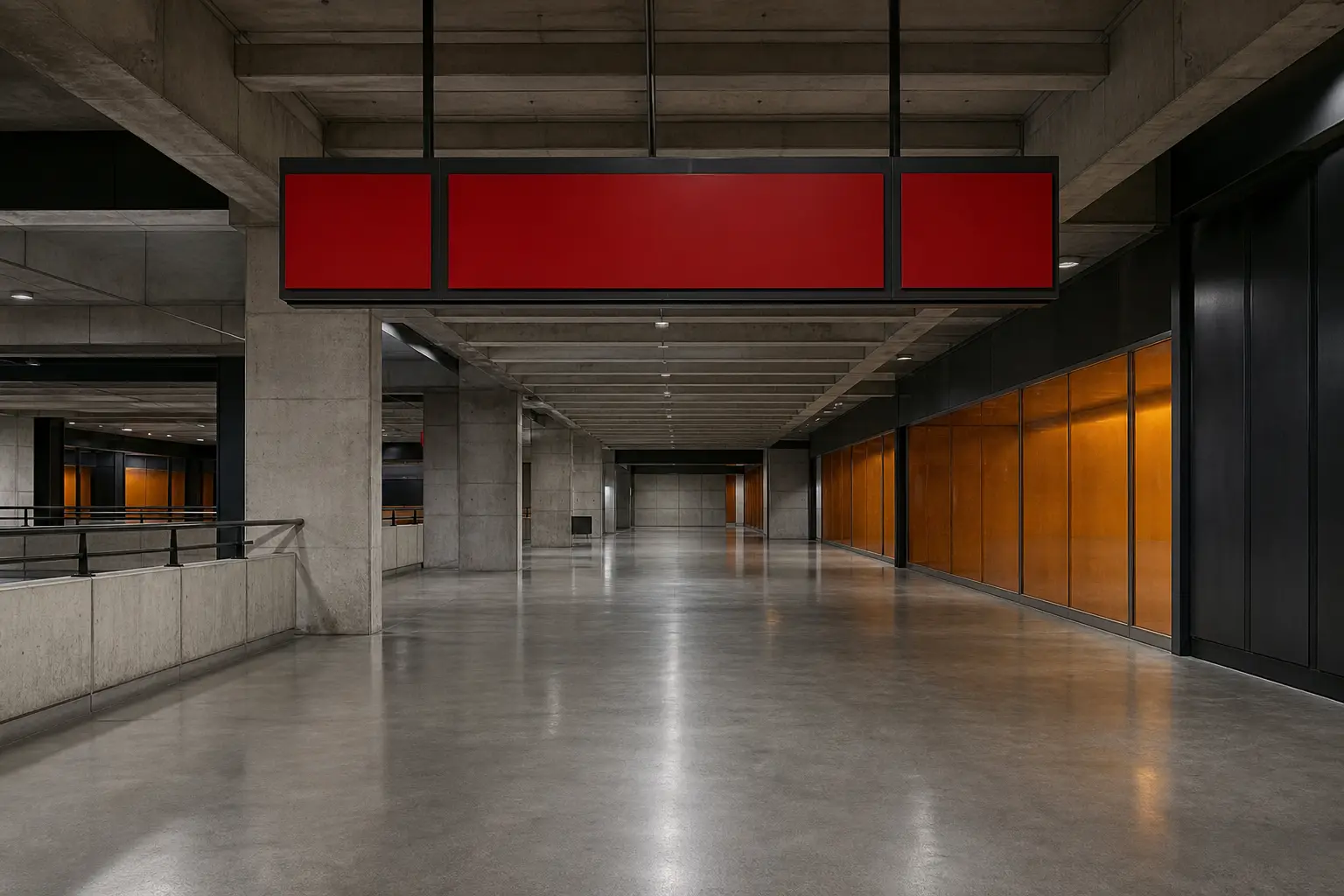 A concrete concourse with a red sign gantry overhead