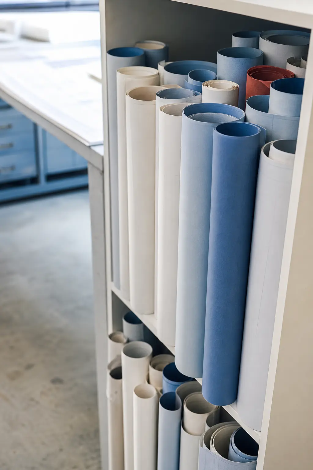 Rolled drawings standing in a plan cabinet