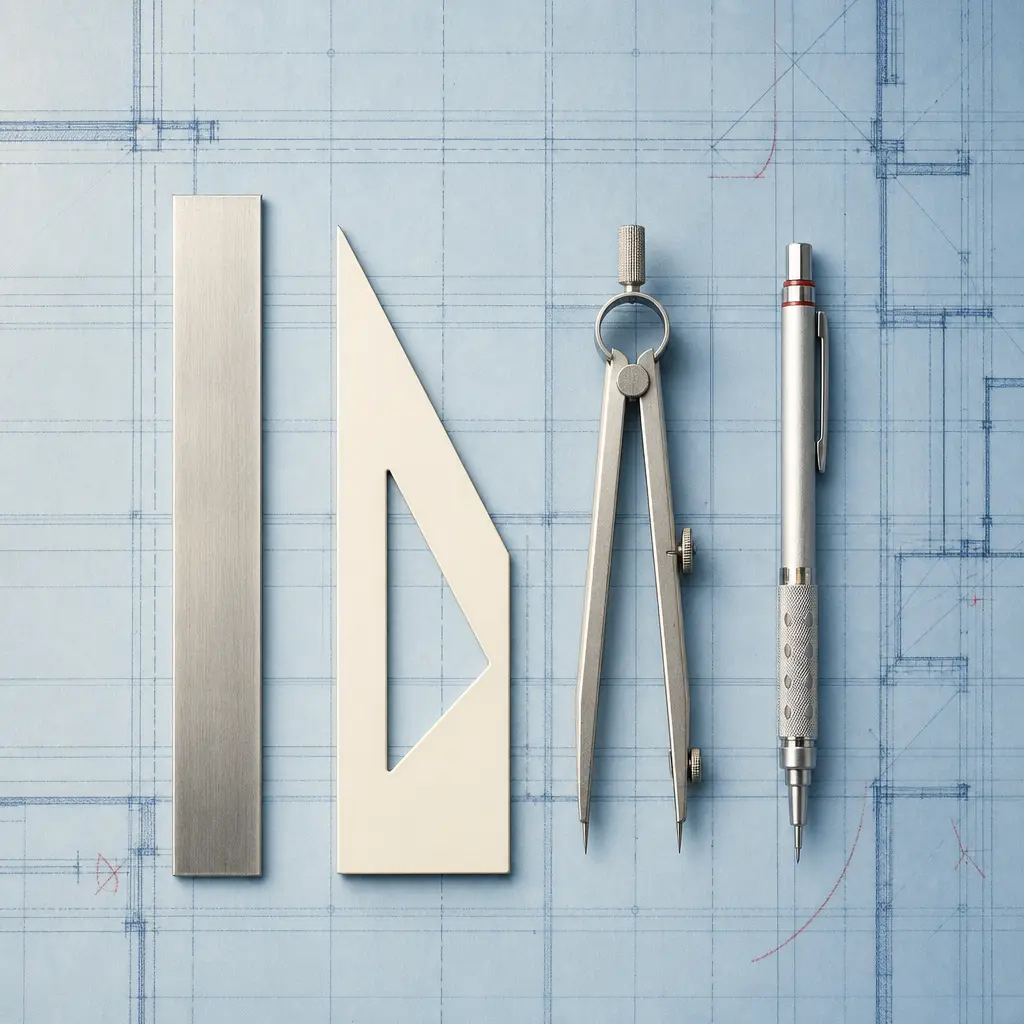 Drafting instruments arranged on a blue print