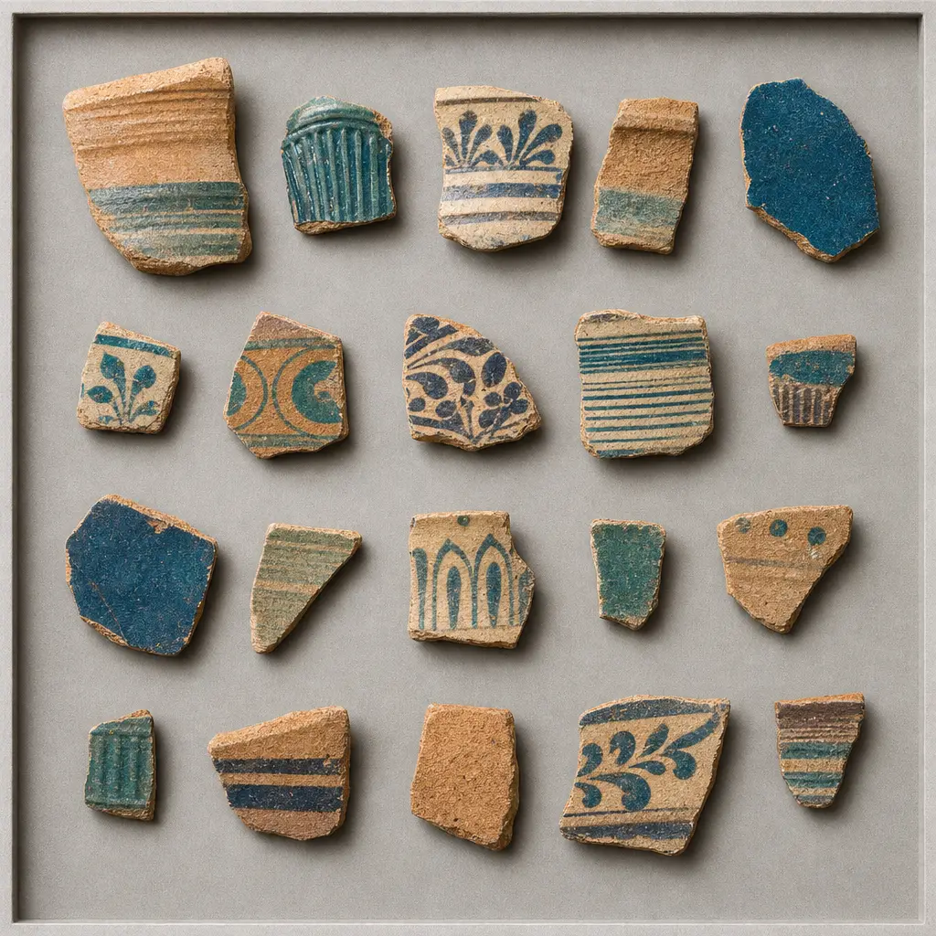 Potsherds laid out in a grid on a neutral tray