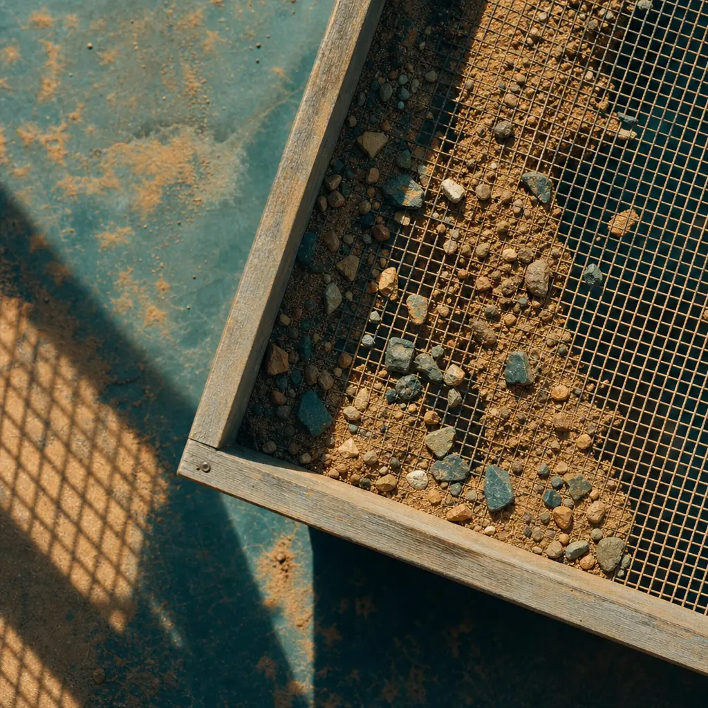A dry-sieve frame with sandy soil in it