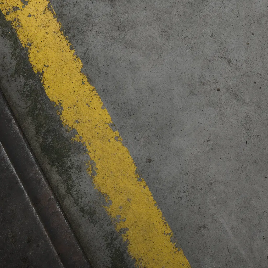 Worn hazard yellow paint flaking off a concrete floor