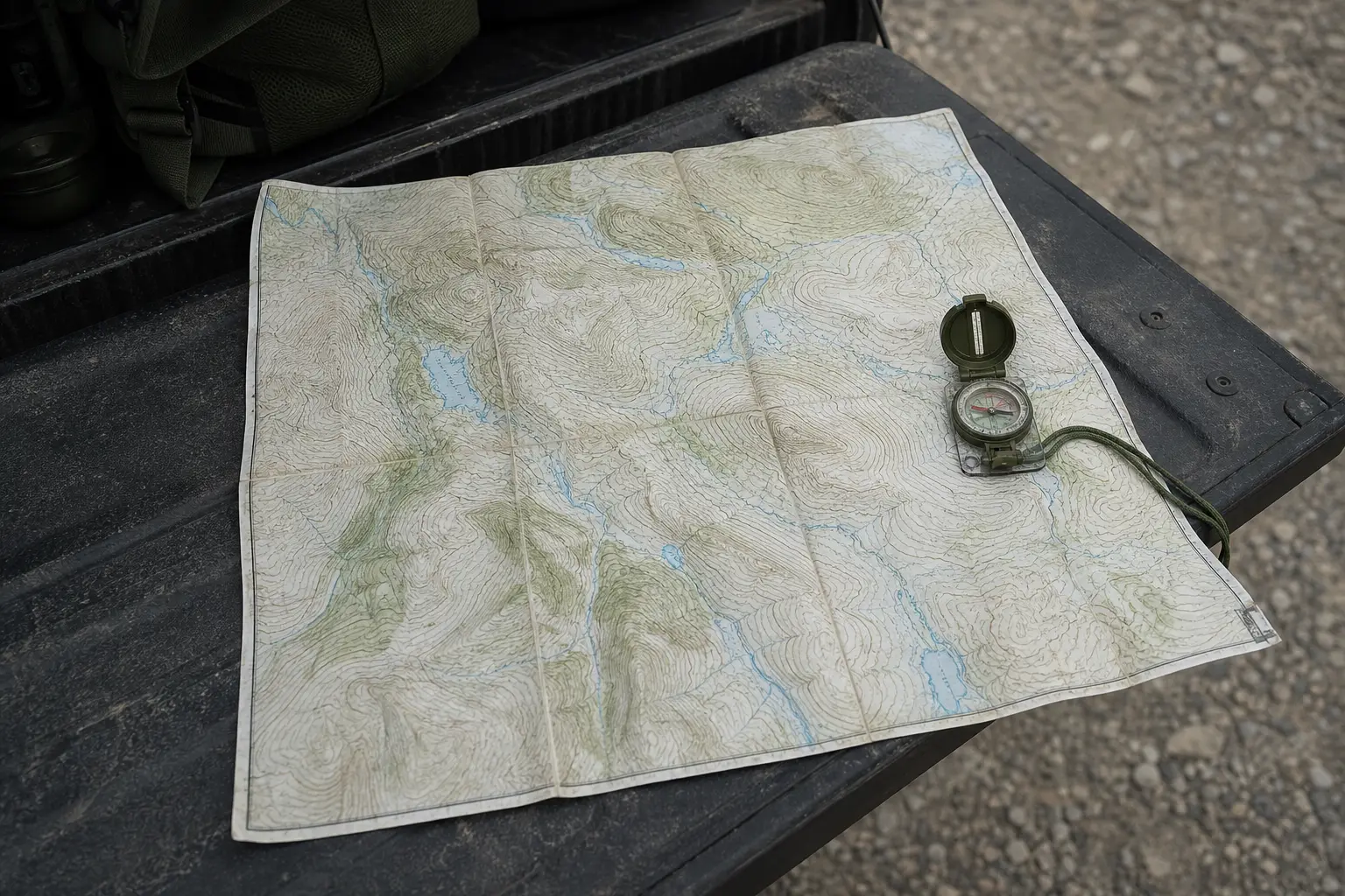 A folded topographic map weighted open on a tailgate