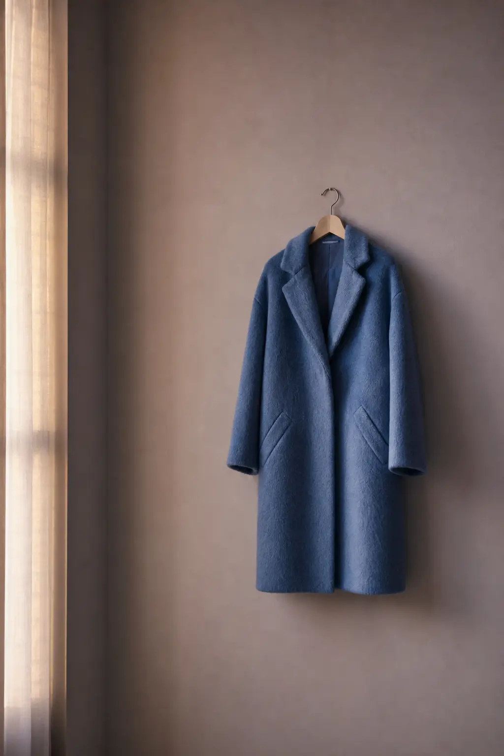 A single blue coat hanging against a mauve wall