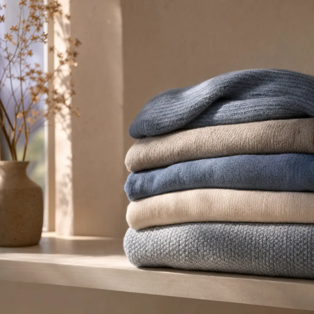 Folded garments stacked on a pale shelf