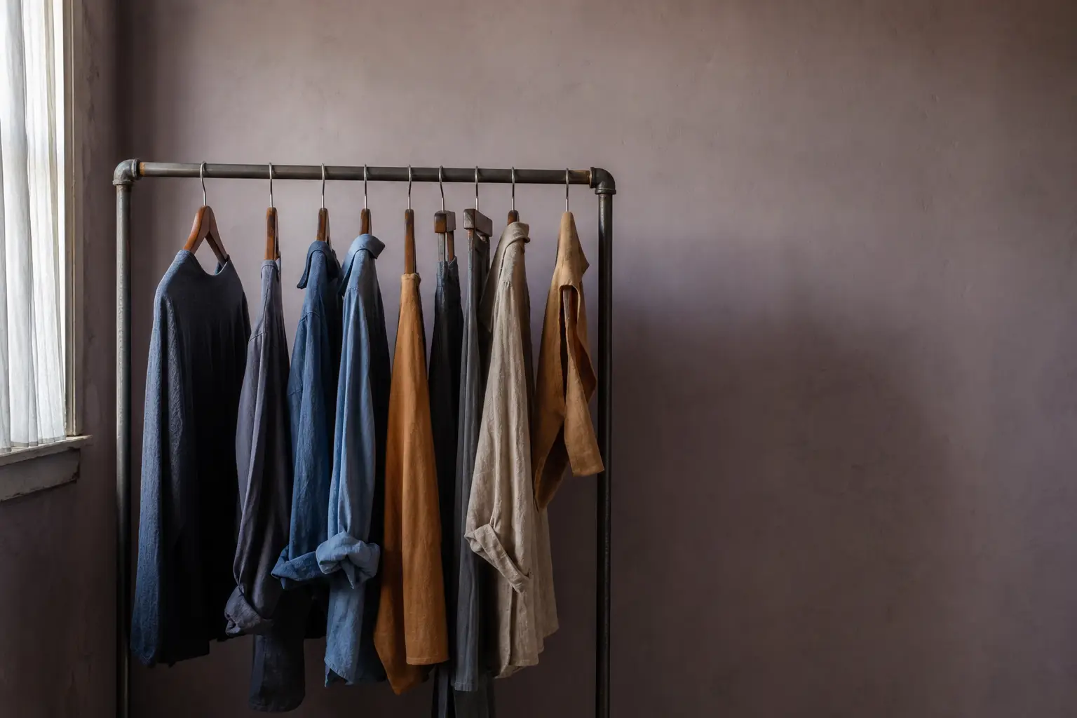 A clothing rail against a mauve wall in window light