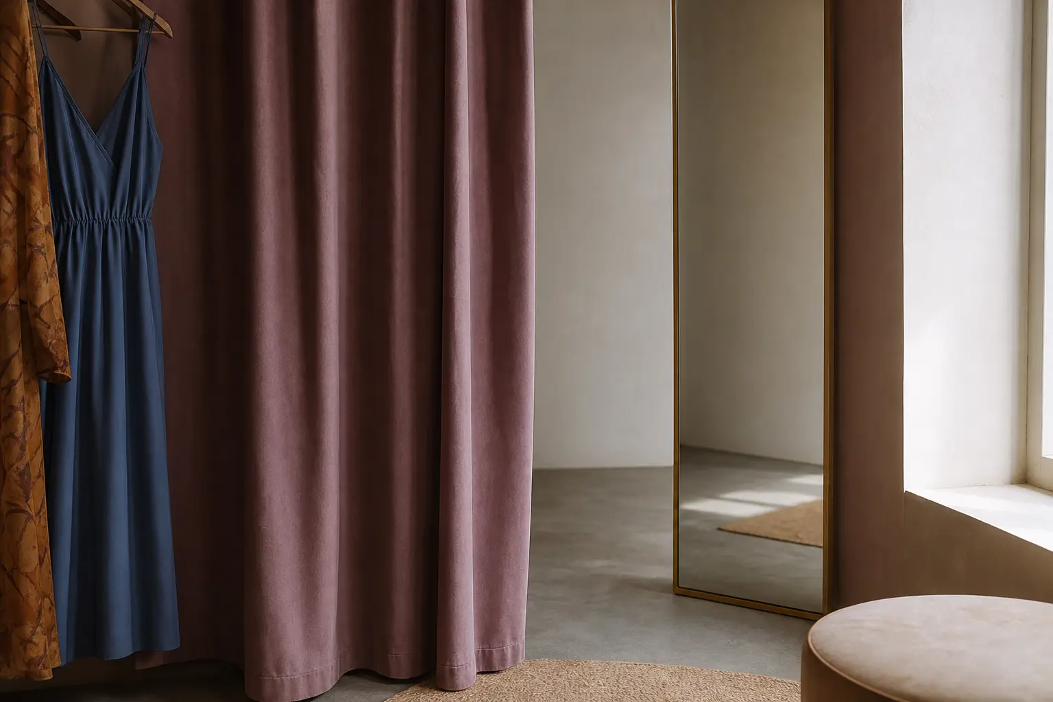 A fitting room corner with a curtain and a mirror edge
