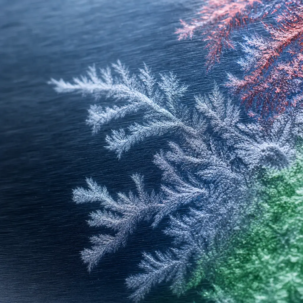 Frost crystals spreading across a dark steel surface