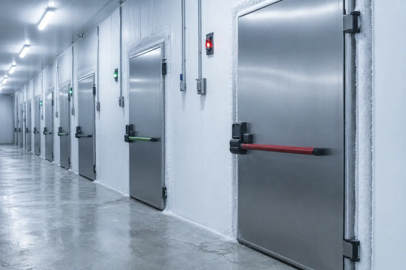 Rows of stainless cold-store doors under blue light with frost at the seals