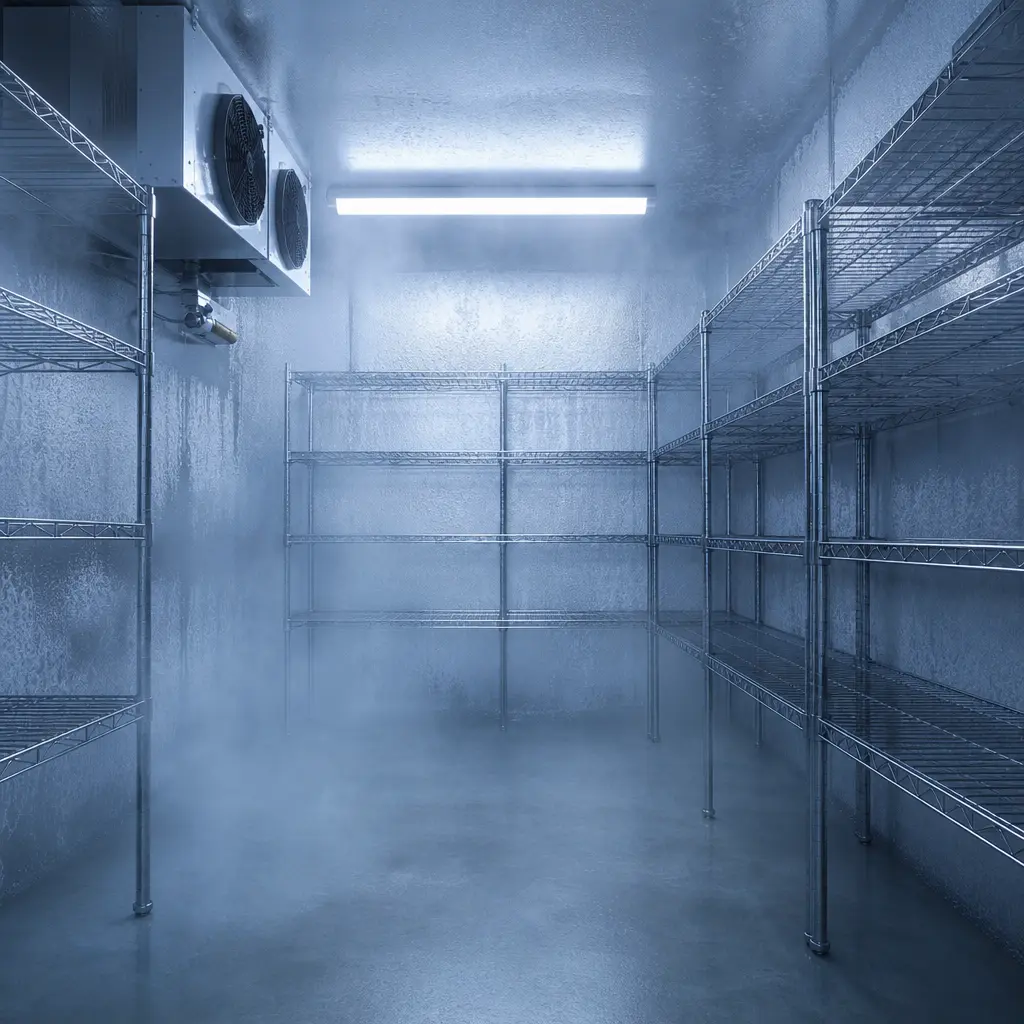 Wire shelving inside a walk-in freezer under blue light