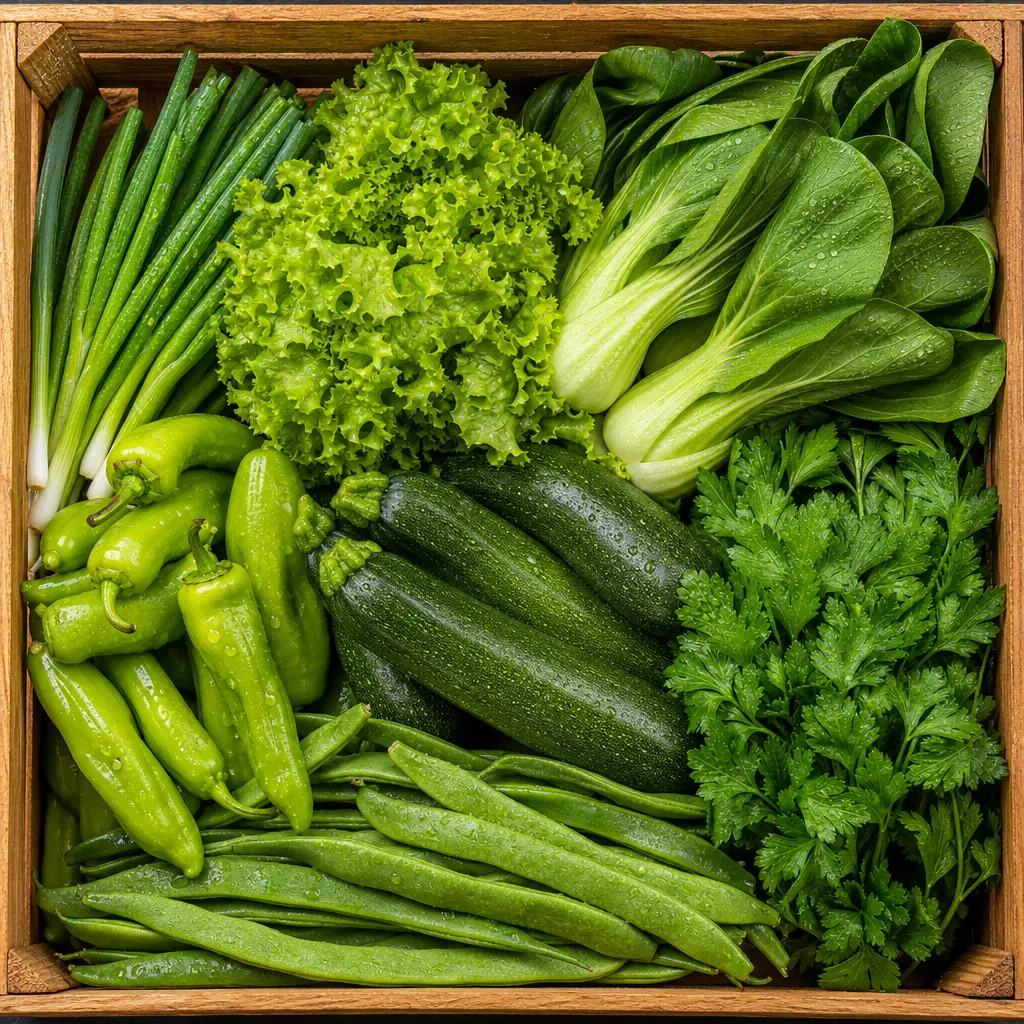 A wooden crate of bright green vegetables from above