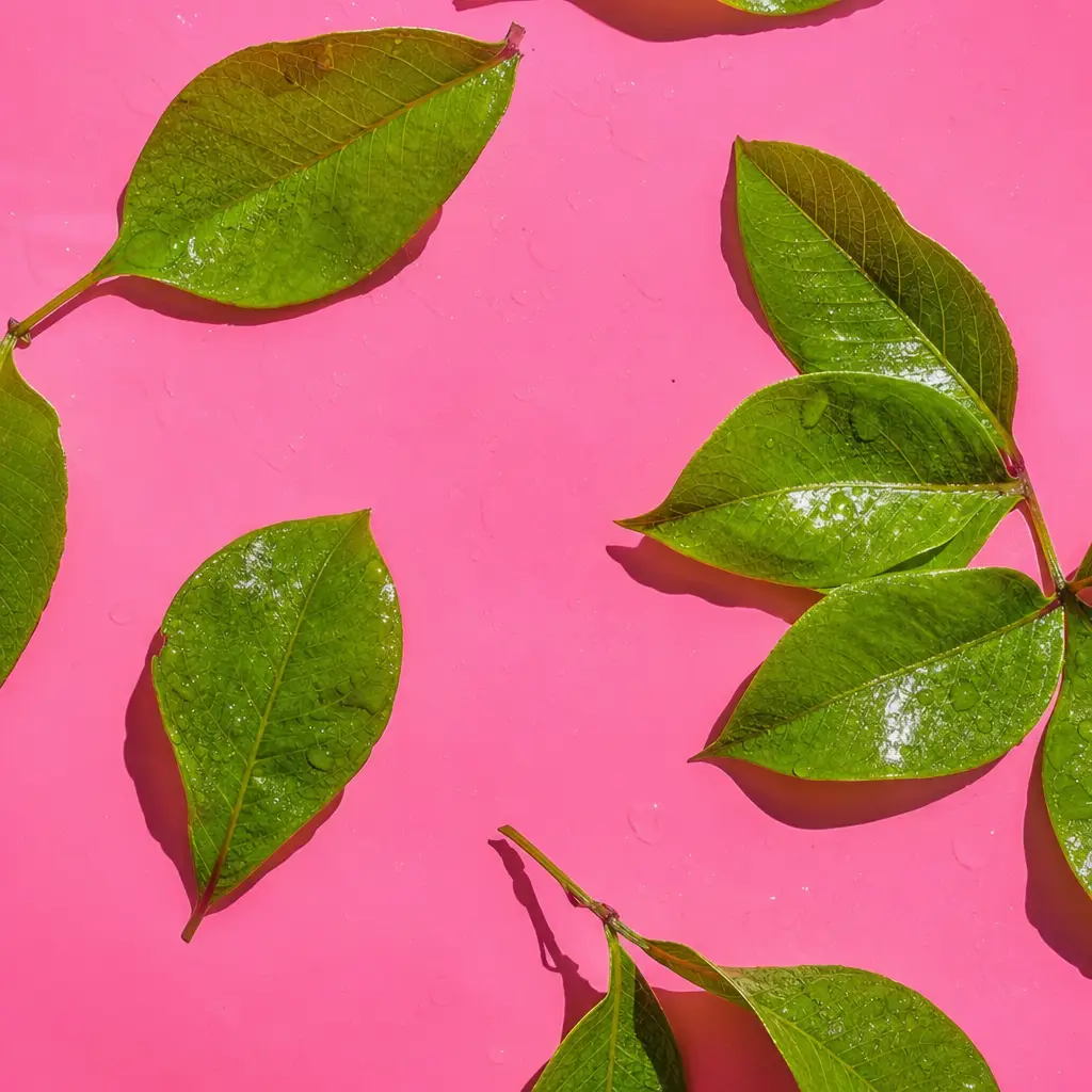 Wet green leaves pressed flat against a pink surface