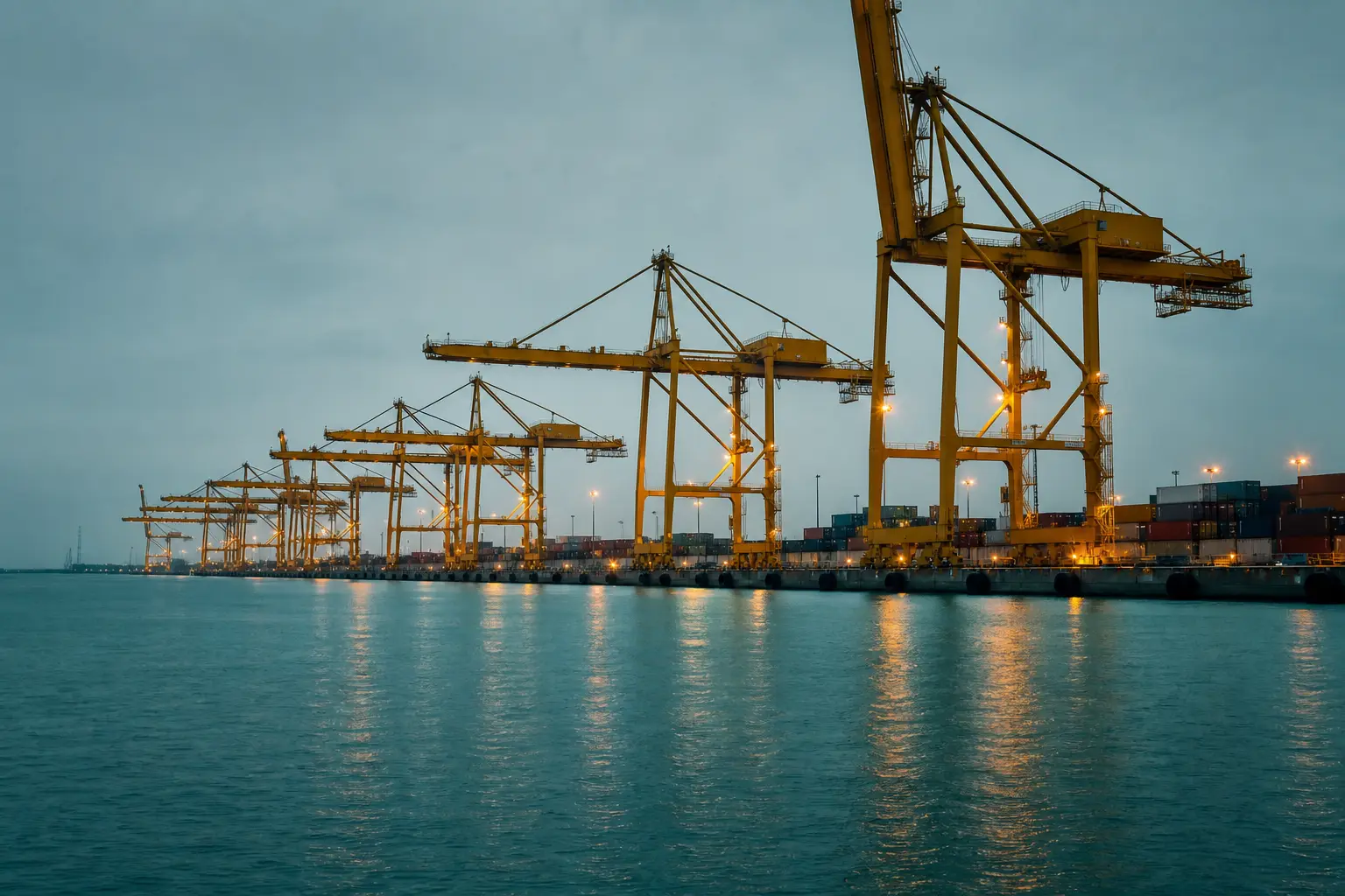 Amber gantry cranes standing over a teal harbour under flat light