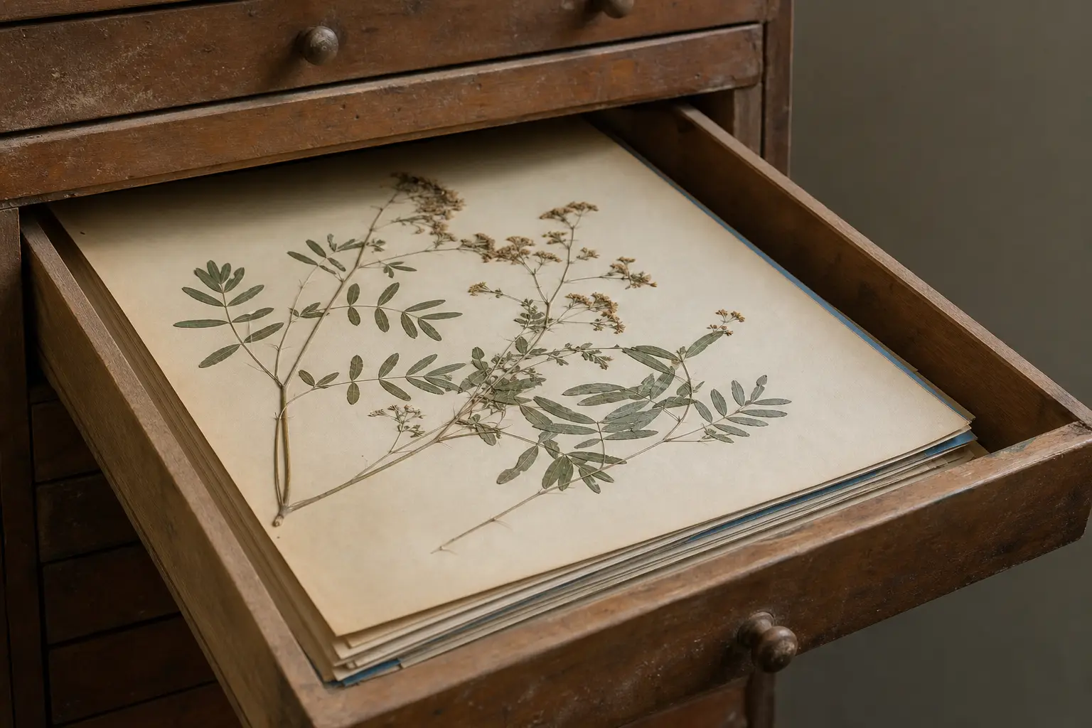 A shallow specimen drawer of mounted sheets pulled open