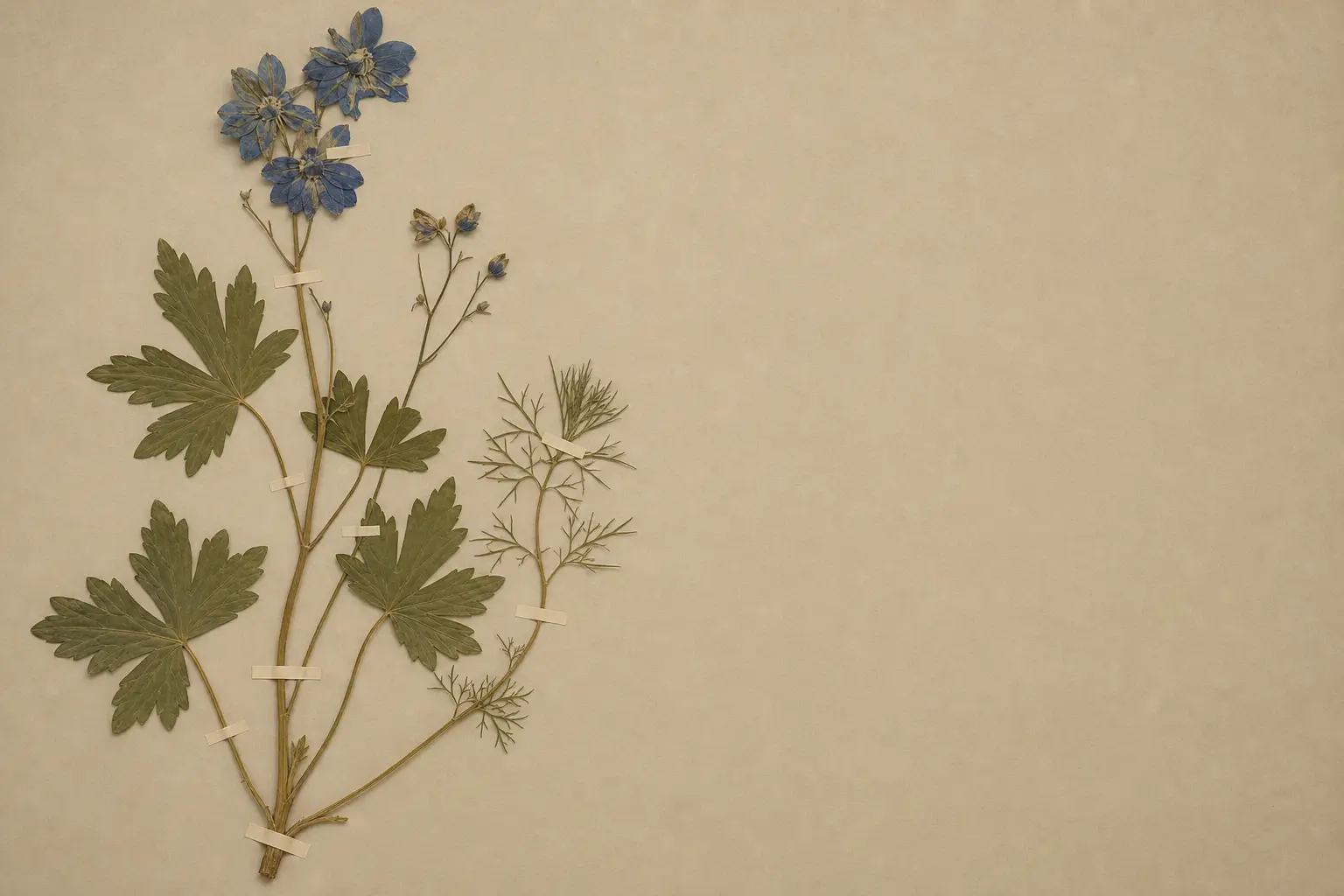 Pressed leaves and stems mounted on a khaki board