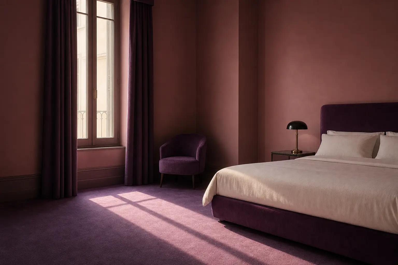 A hotel room in afternoon light with a made bed and a tall window