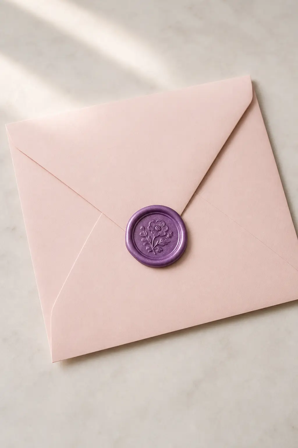 A blush envelope with a violet wax seal