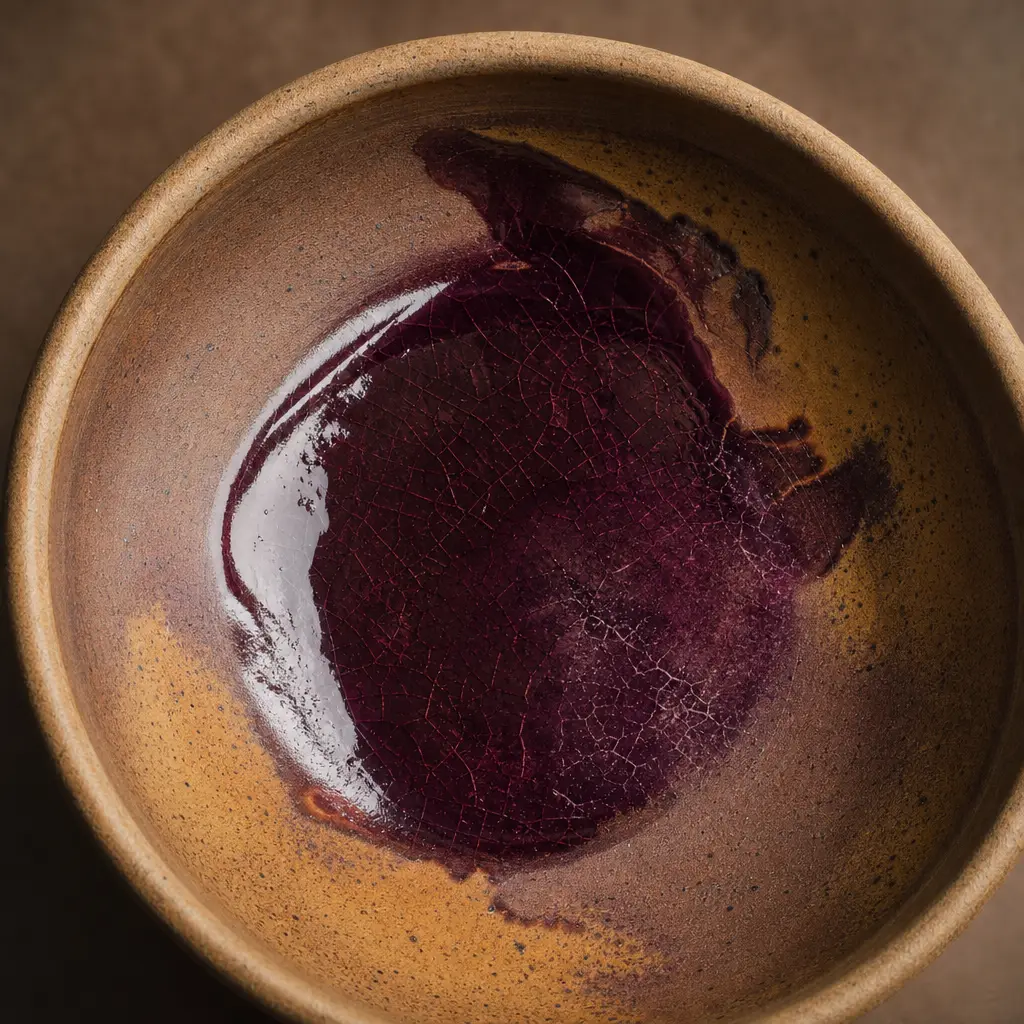 A plum glaze pooling in the base of a shallow bowl