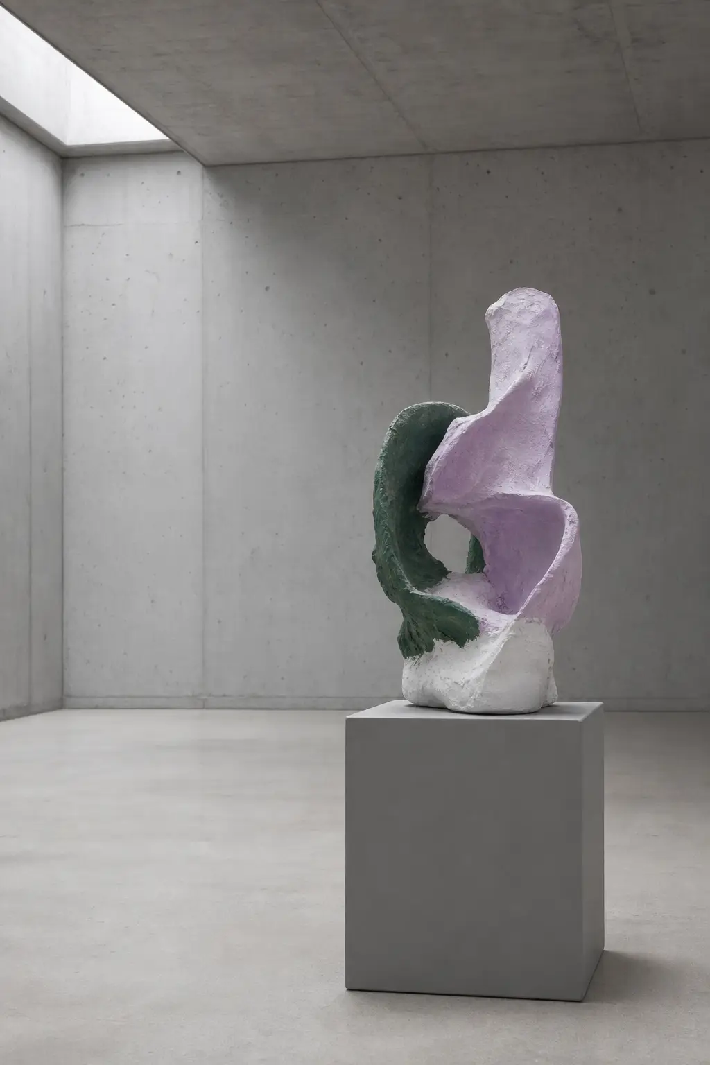 An abstract plaster form on a plain plinth in a grey room