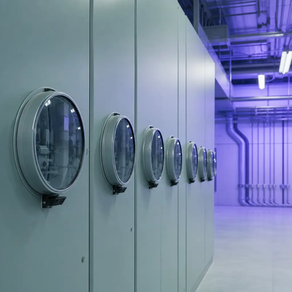 A bank of blank meter faces in a row
