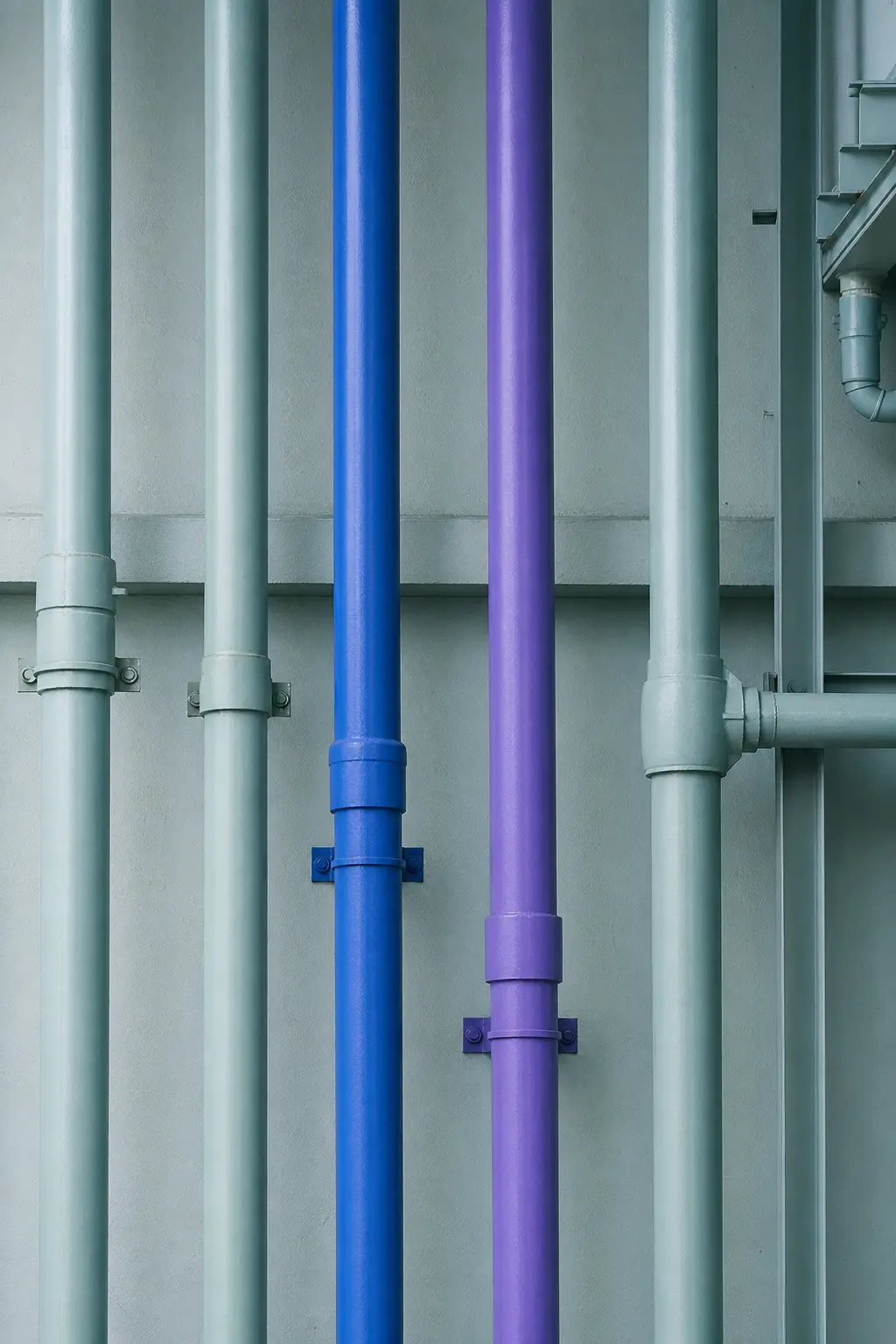 Painted pipes running up a plant room wall
