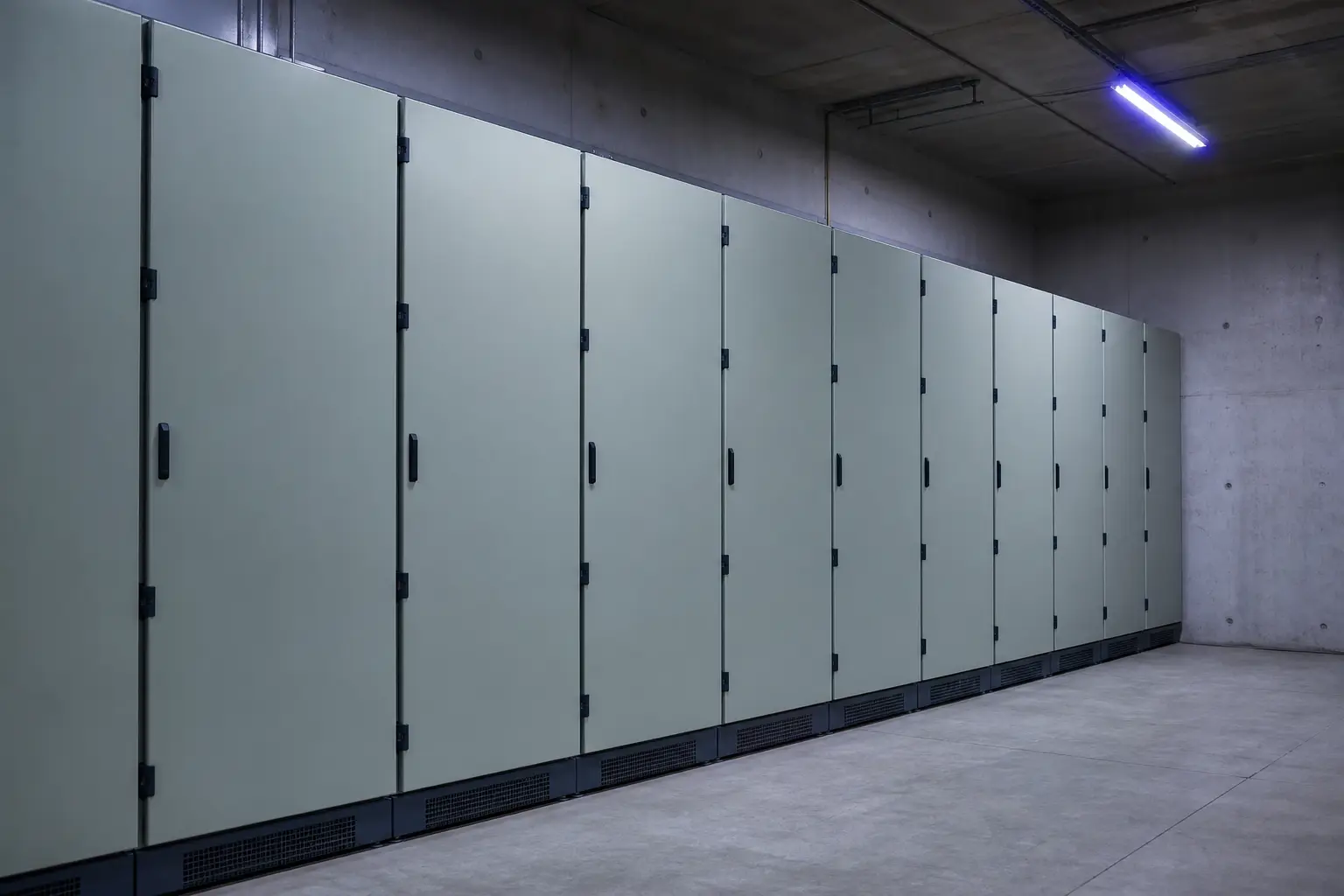 A row of switchgear cabinets in a bare room
