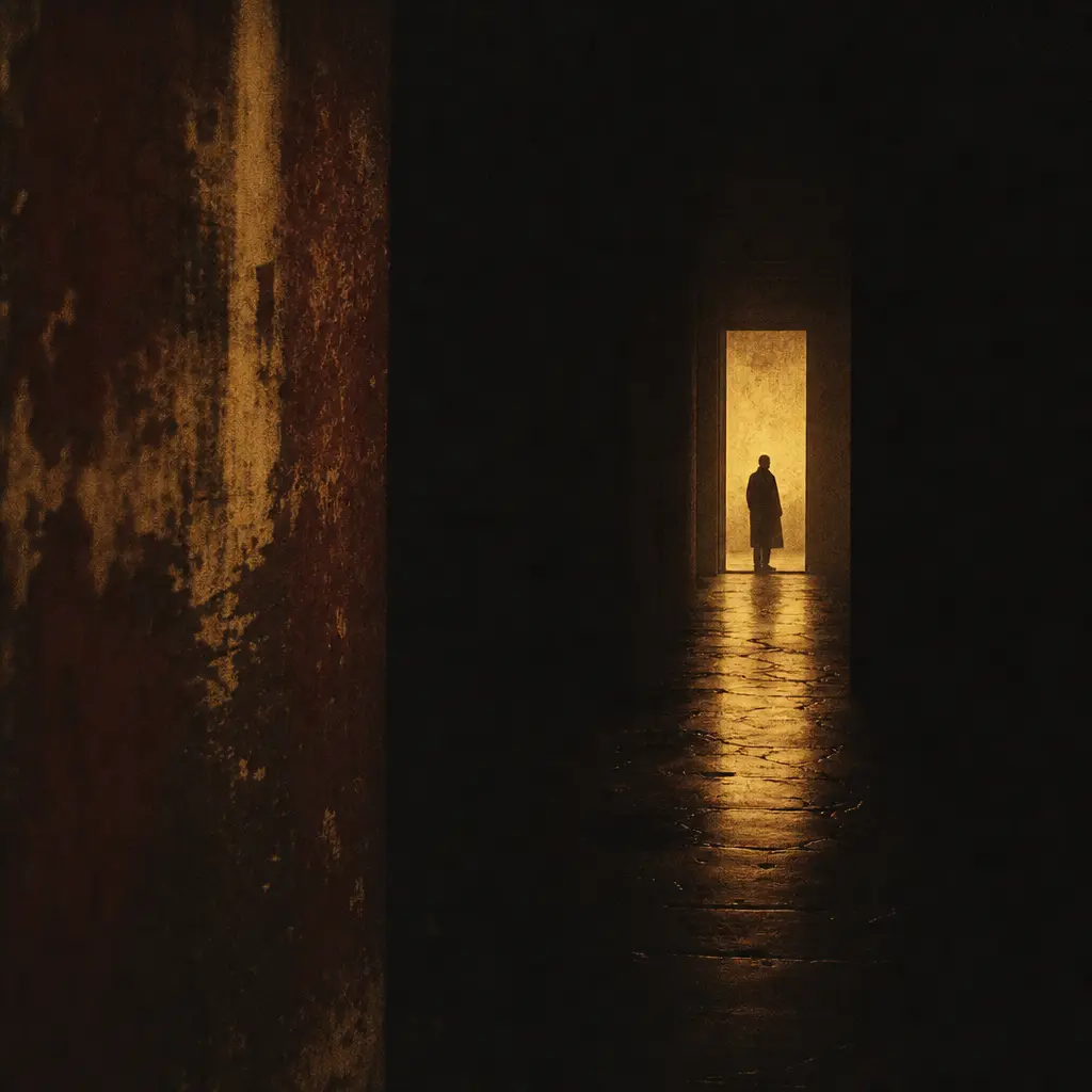 A duotone film still of a figure in a doorway