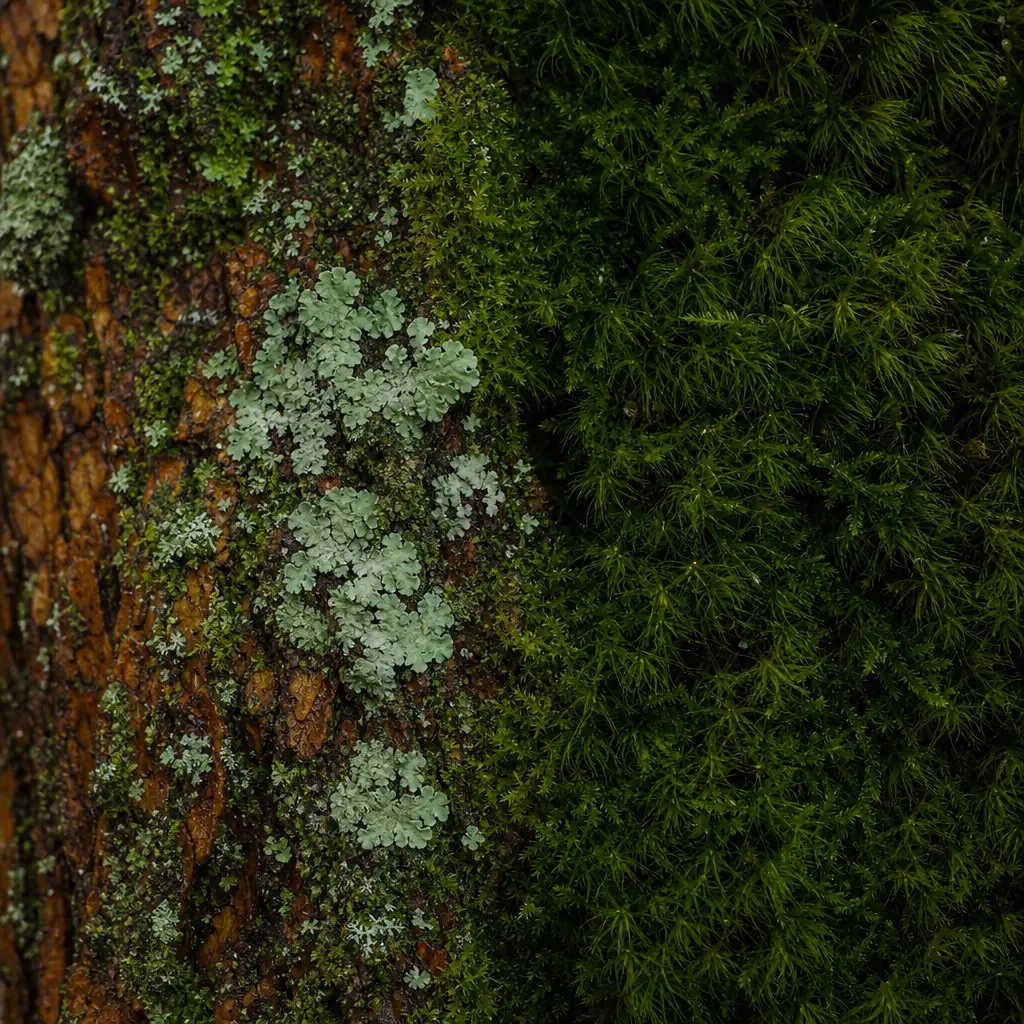 Close-up of moss and lichen on wet bark