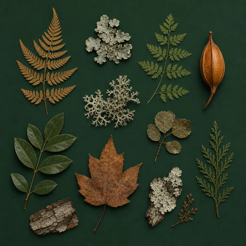 Pressed leaves and lichen laid out on green board