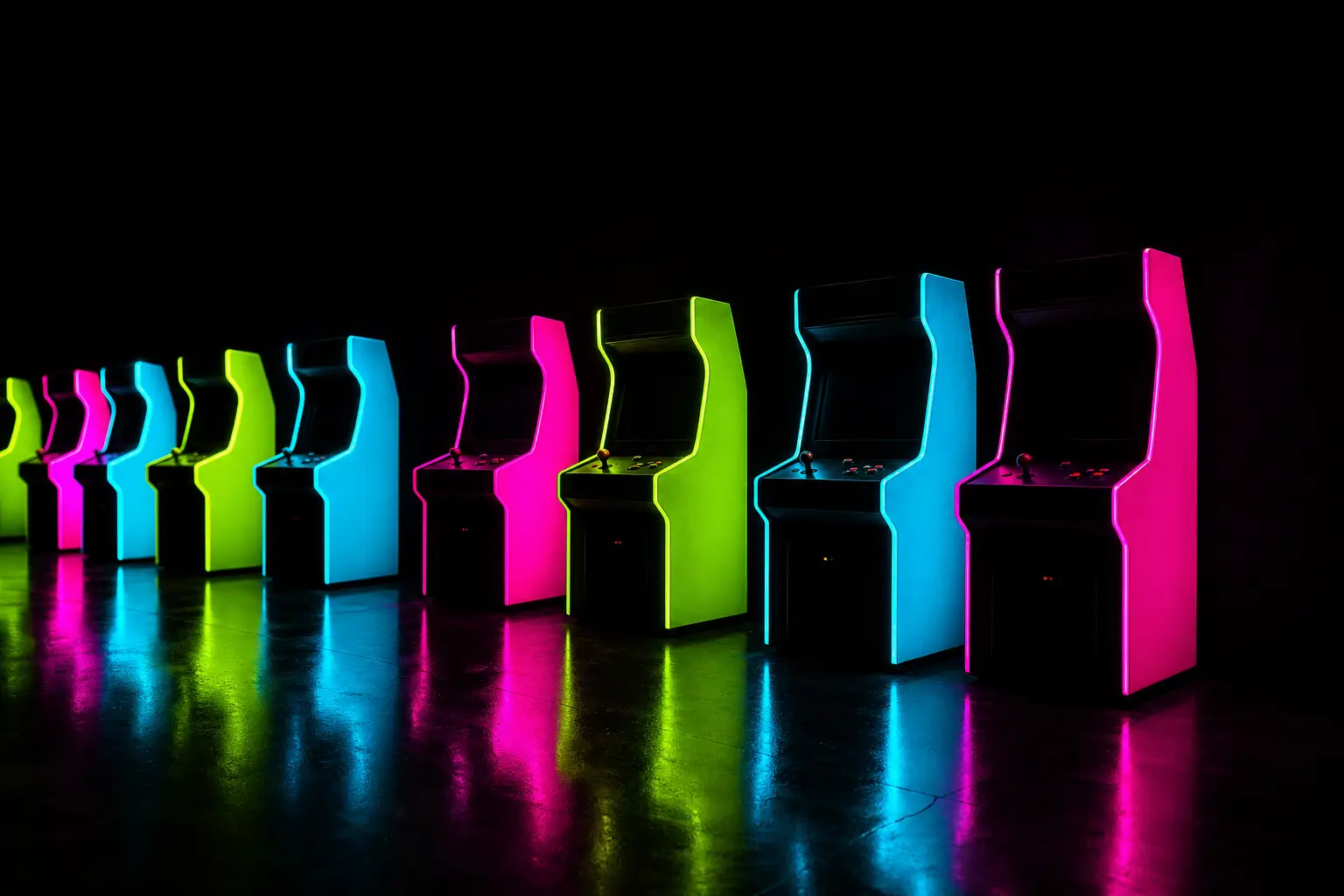 Arcade cabinets glowing magenta and cyan in a dark room
