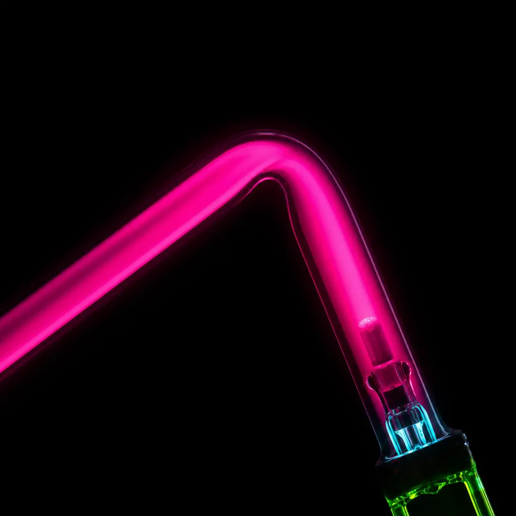 A bent neon tube in magenta against black
