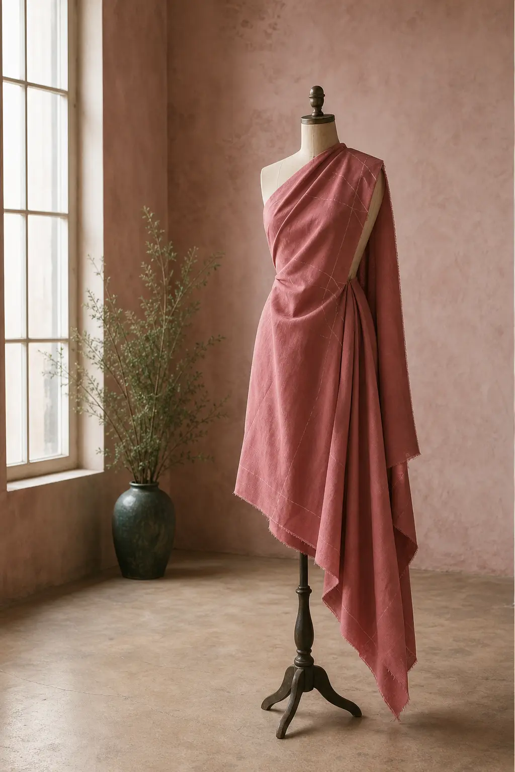 A dress form in a pale rose atelier