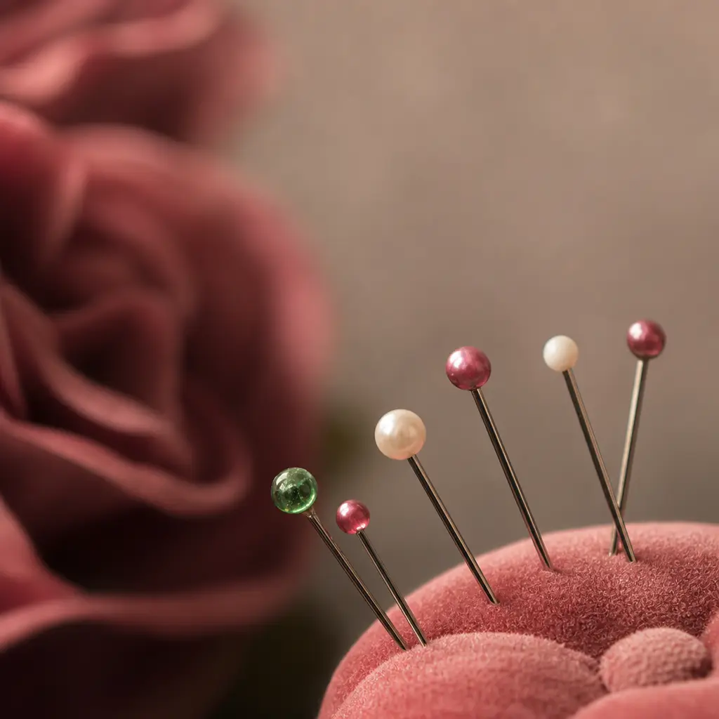 Pins pushed into a rose cushion in a loose arc