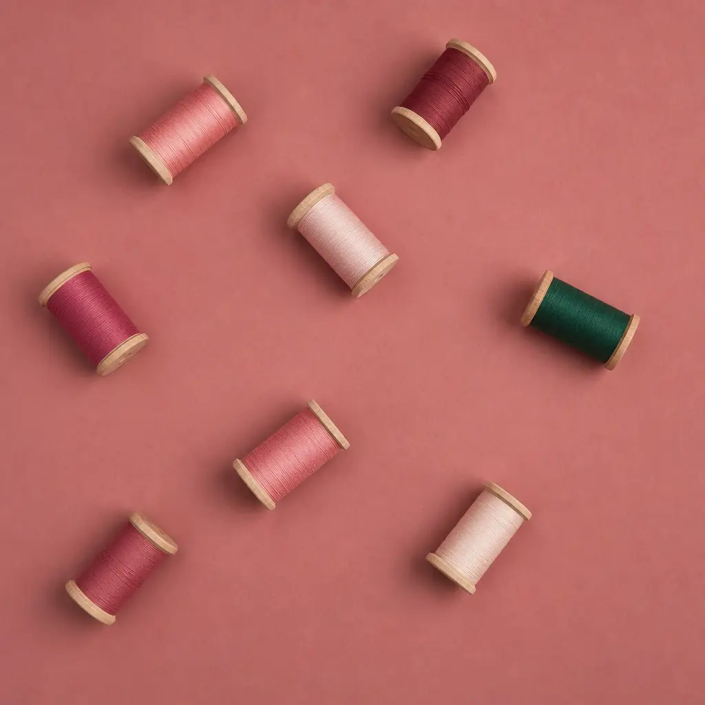 Spools of thread in rose tones with one viridian