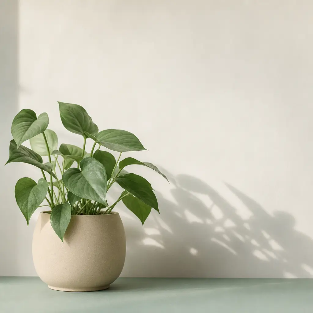 A single leafy plant against a warm white wall