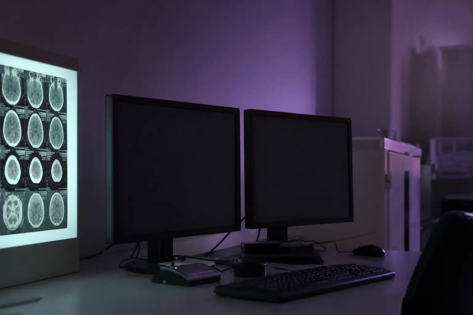 A dim console desk with two dark screens and a purple cast